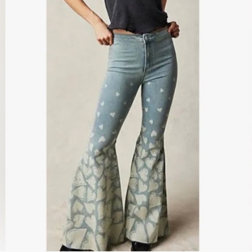 Free People Blue Heart Pattern Flare Jeans